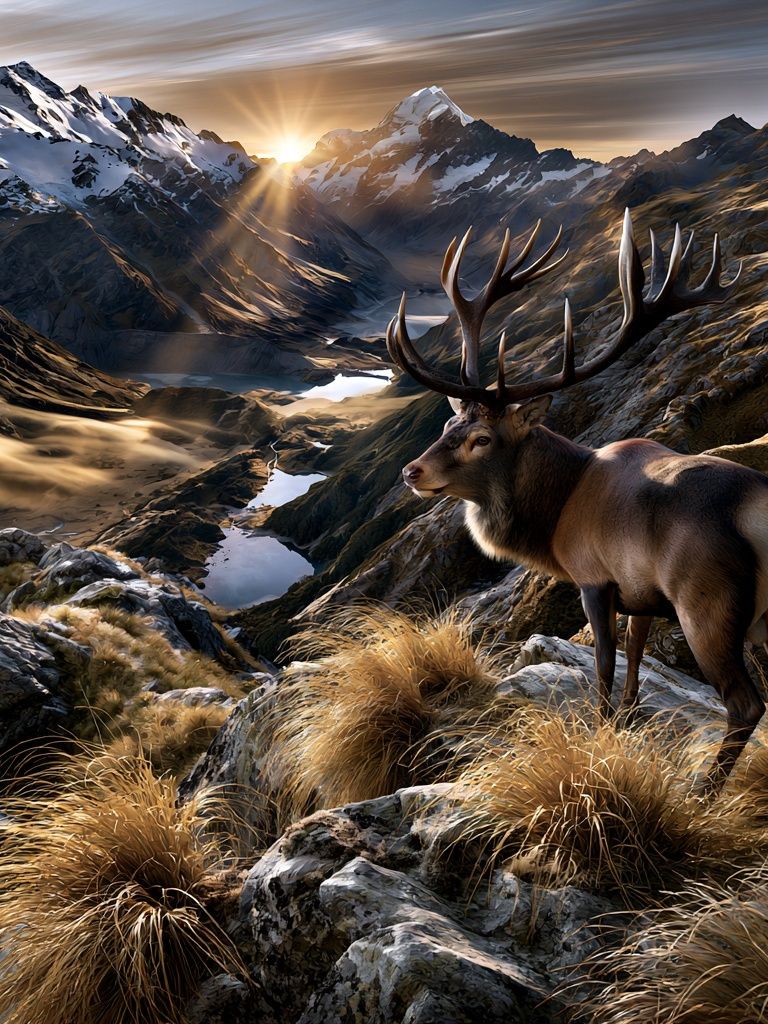 Majestic Stag Mountain Sunrise Poster. poster detail