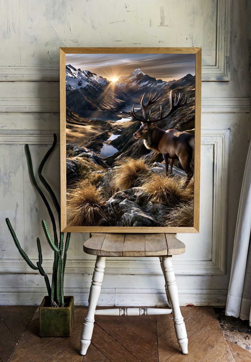 Majestic Stag Mountain Sunrise Poster. — room view 1