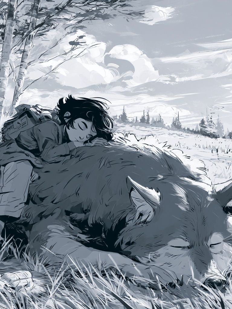 Boy and Wolf Forest Print. poster detail