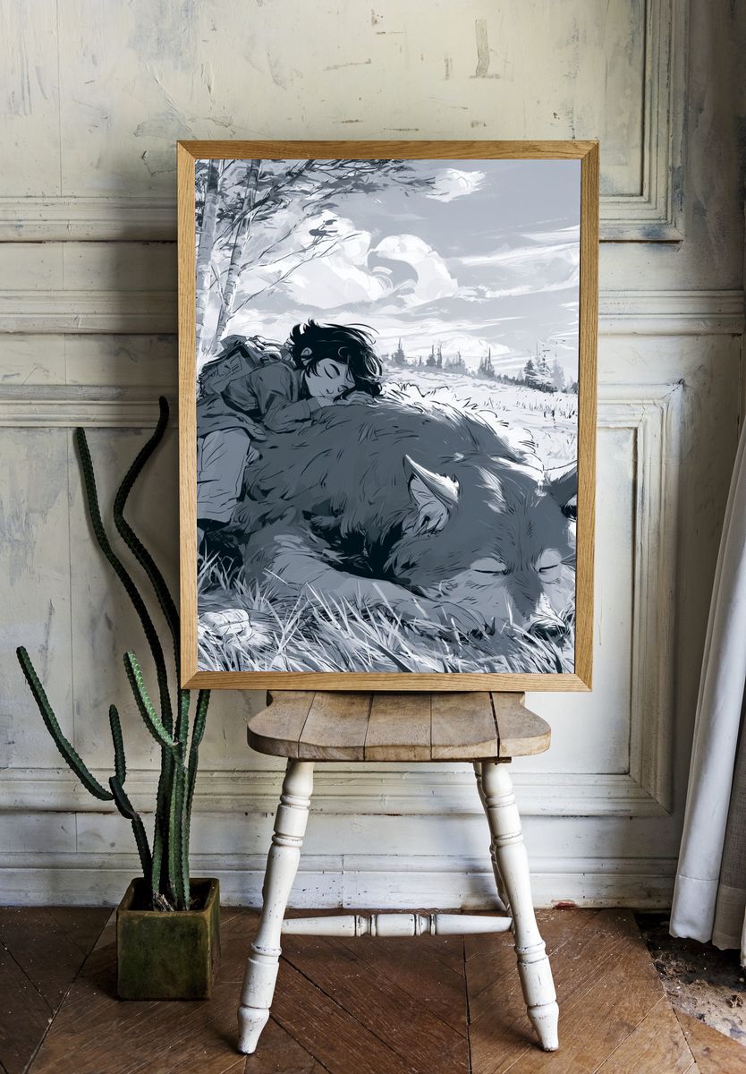 Boy and Wolf Forest Print. room preview