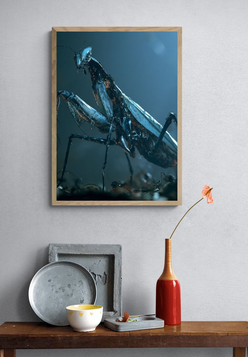 Praying Mantis Macro Photography Poster. — room view 3