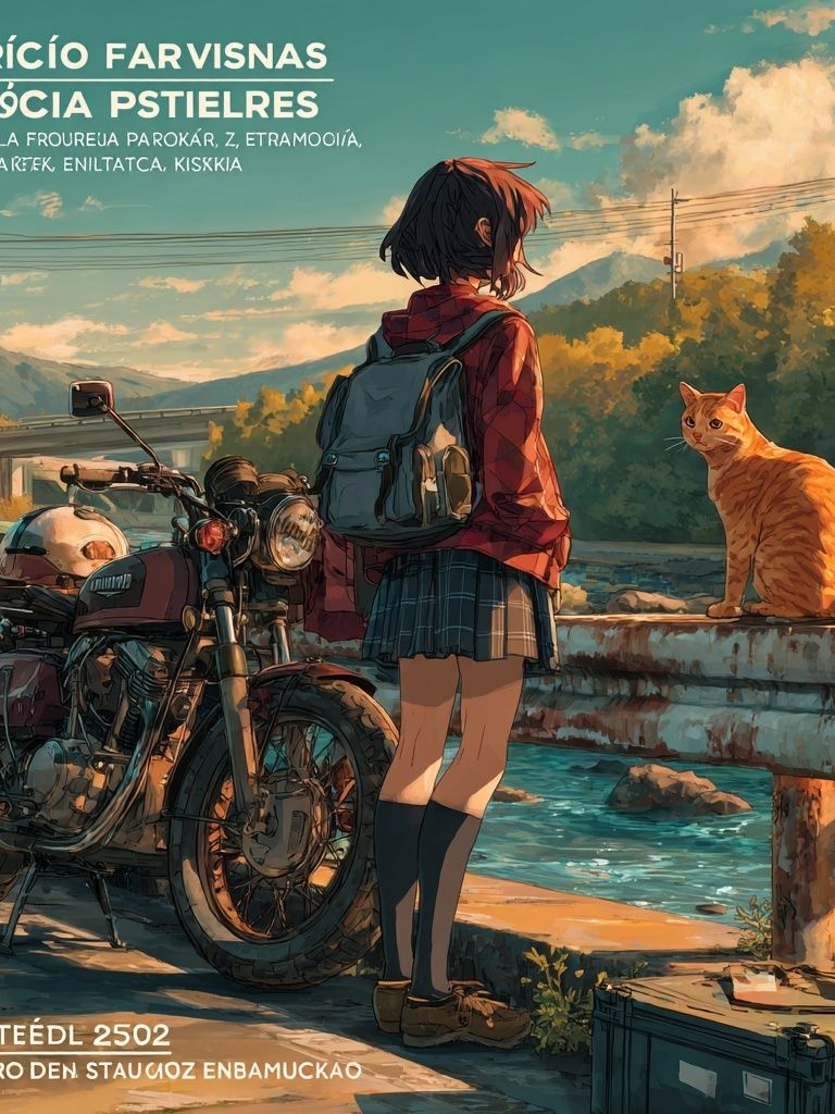 Anime Girl and Cat by Motorcycle Print. poster detail