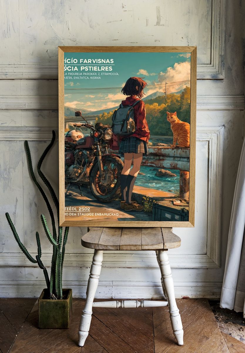 Anime Girl and Cat by Motorcycle Print. — room view 1