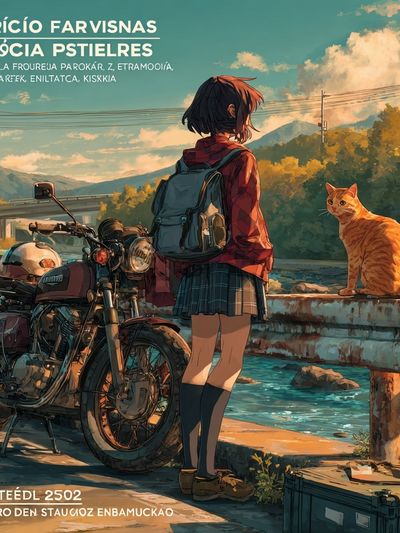 Anime Girl and Cat by Motorcycle Print. poster
