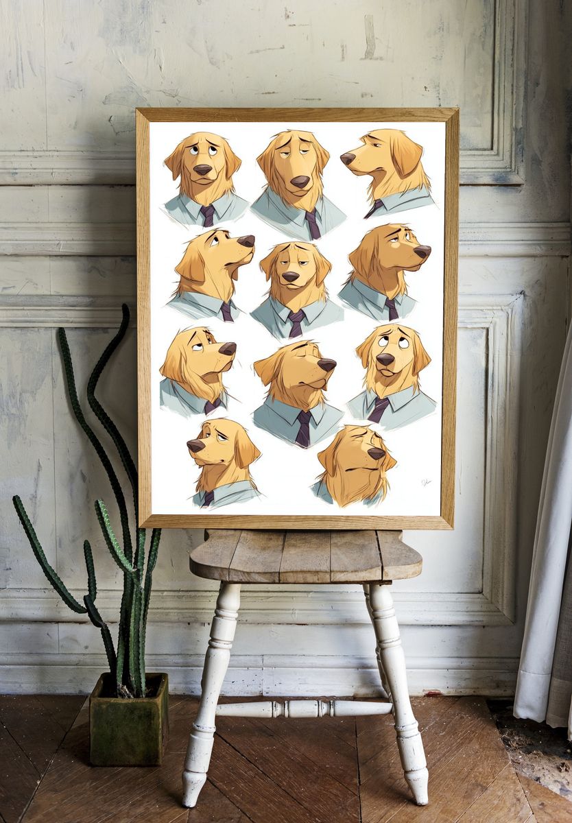 Golden Retriever Expressions Illustration Poster. — room view 1