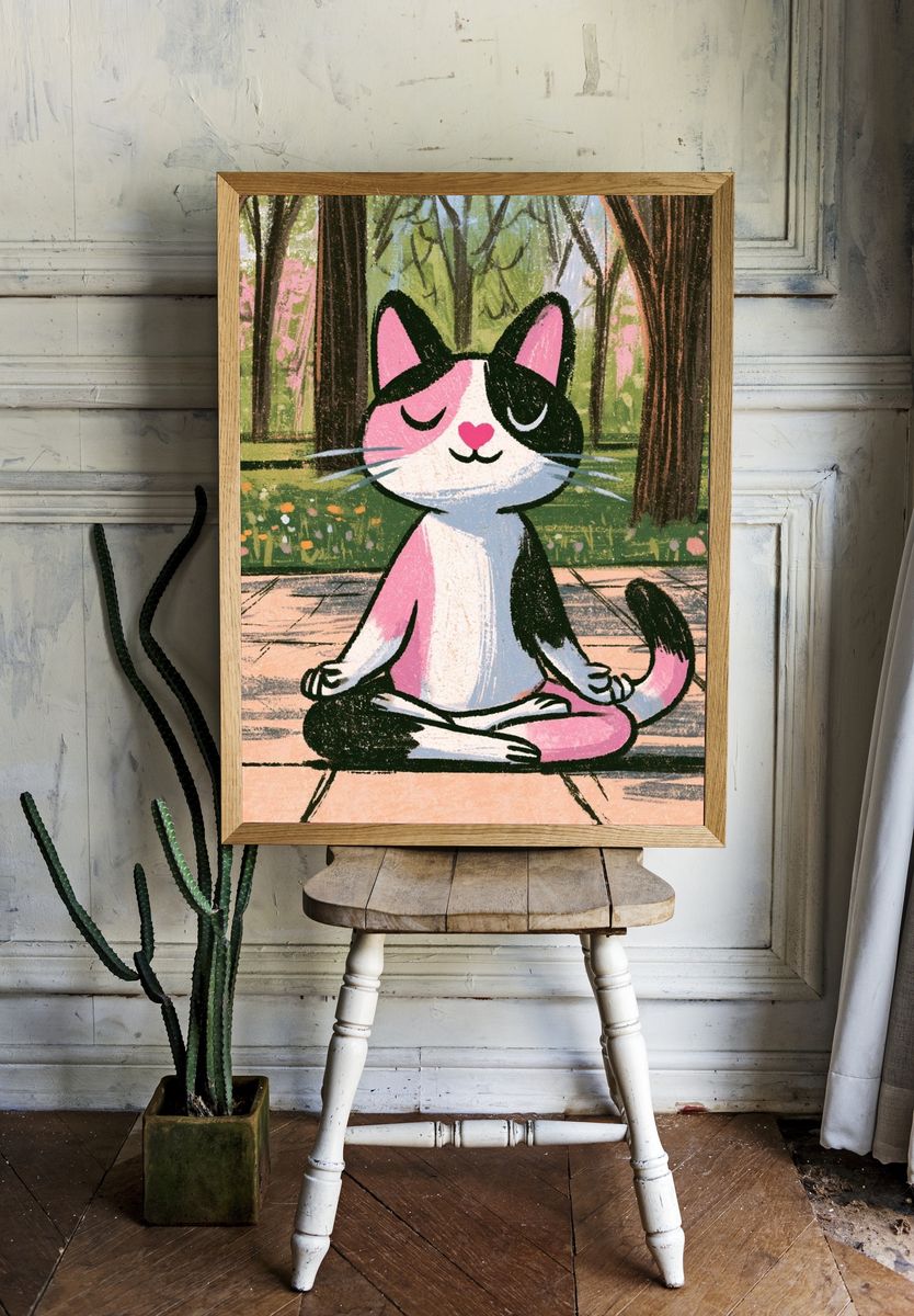 Meditating Cat Illustration Poster. — room view 1