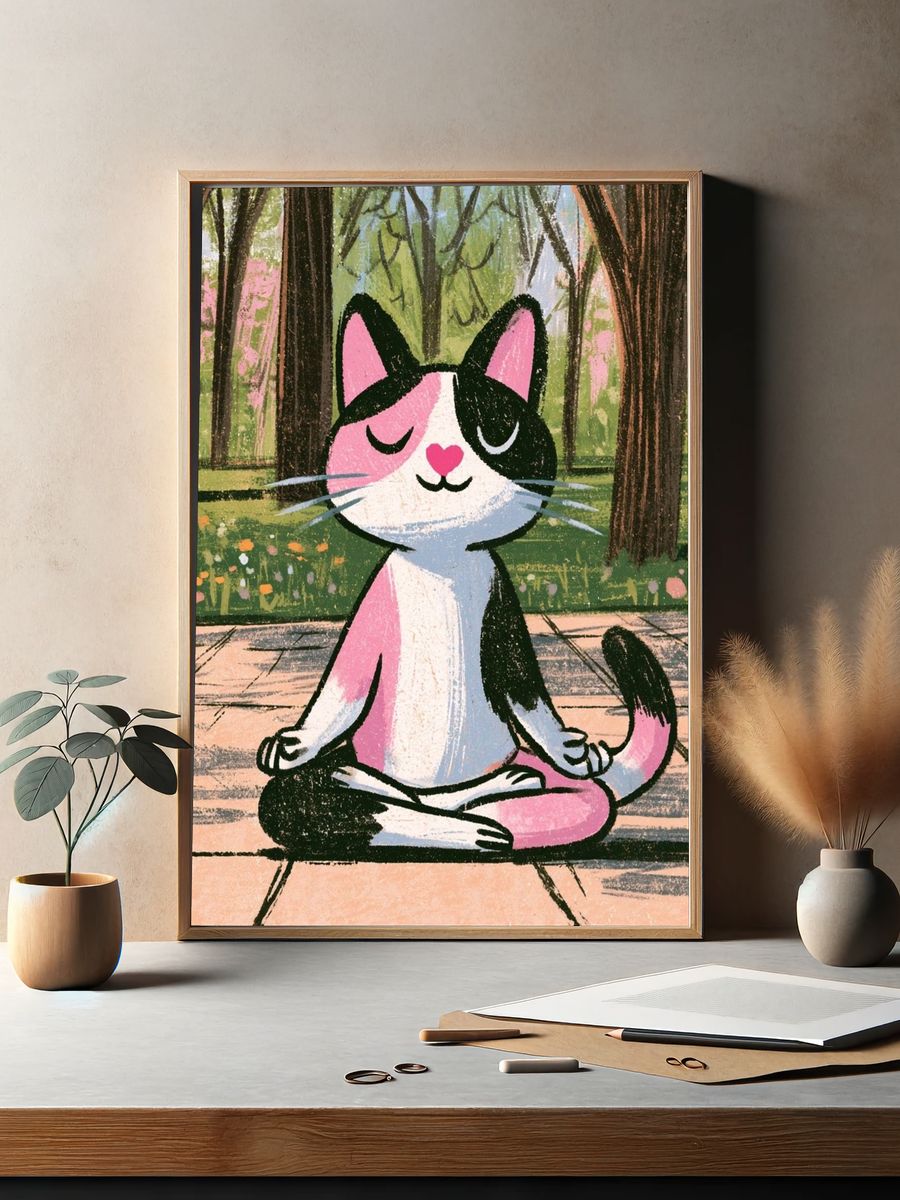 Meditating Cat Illustration Poster. — room view 2