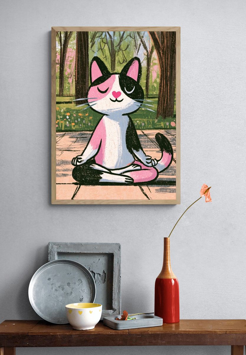 Meditating Cat Illustration Poster. — room view 3