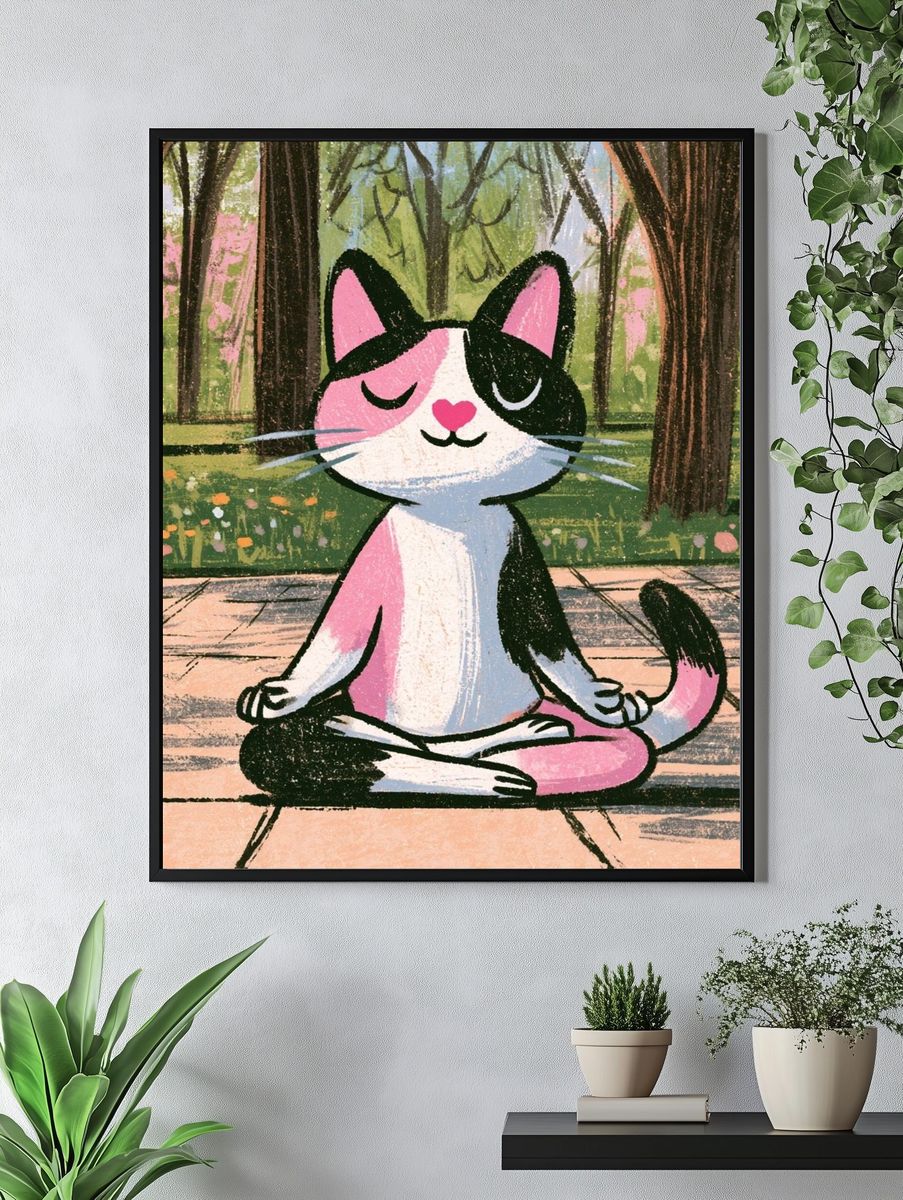 Meditating Cat Illustration Poster. — room view 4