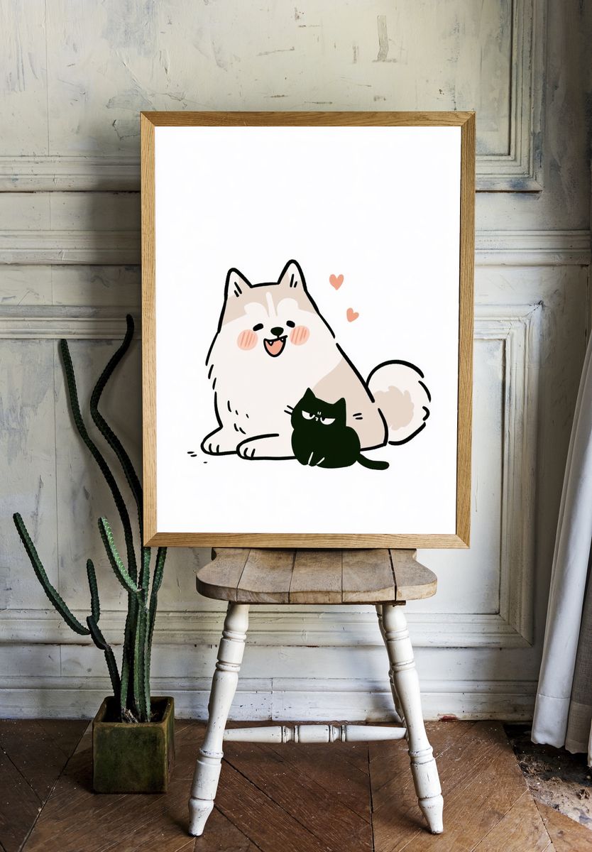 Cute Cat and Dog Illustration Poster. — room view 1