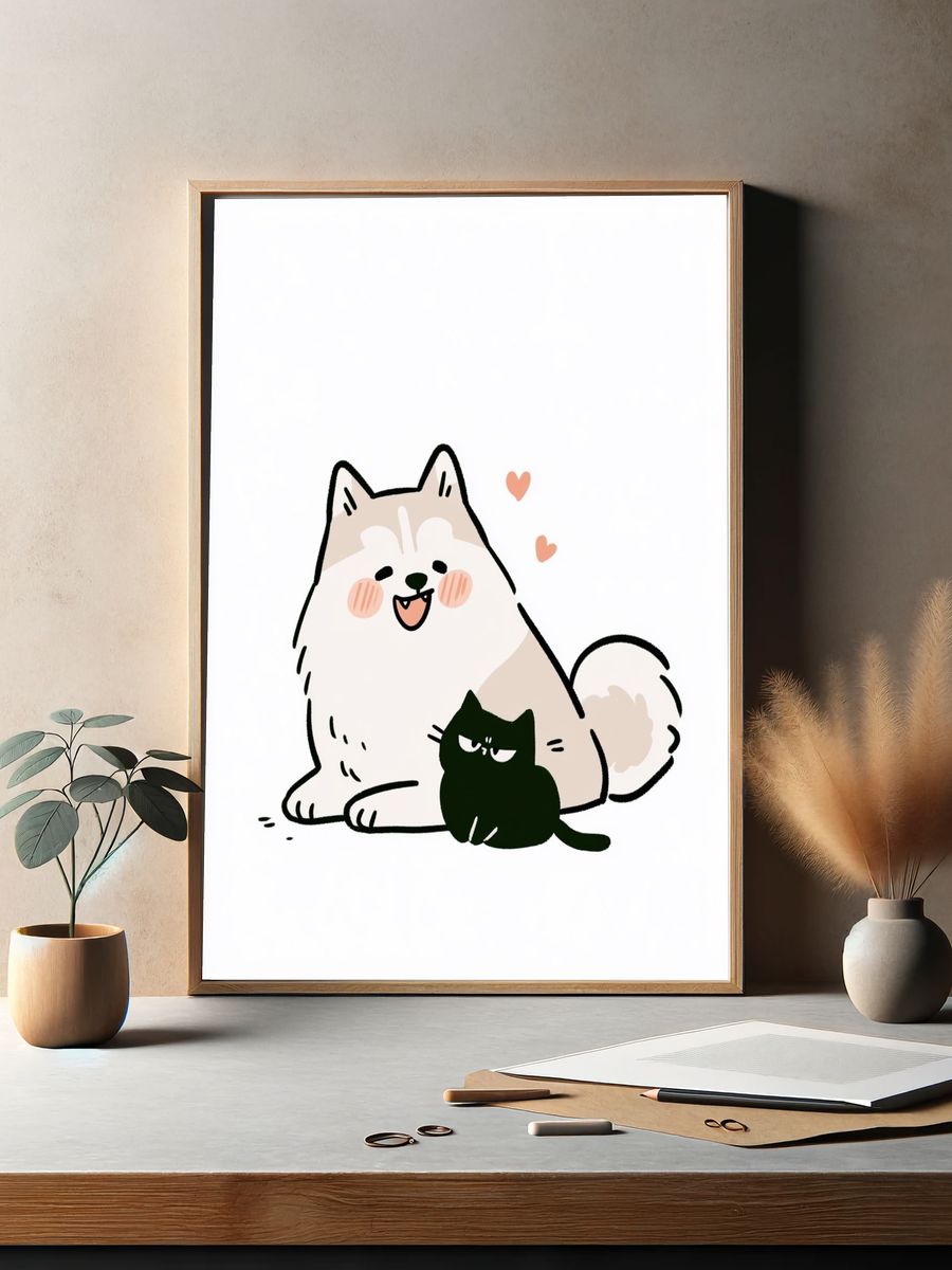 Cute Cat and Dog Illustration Poster. — room view 2