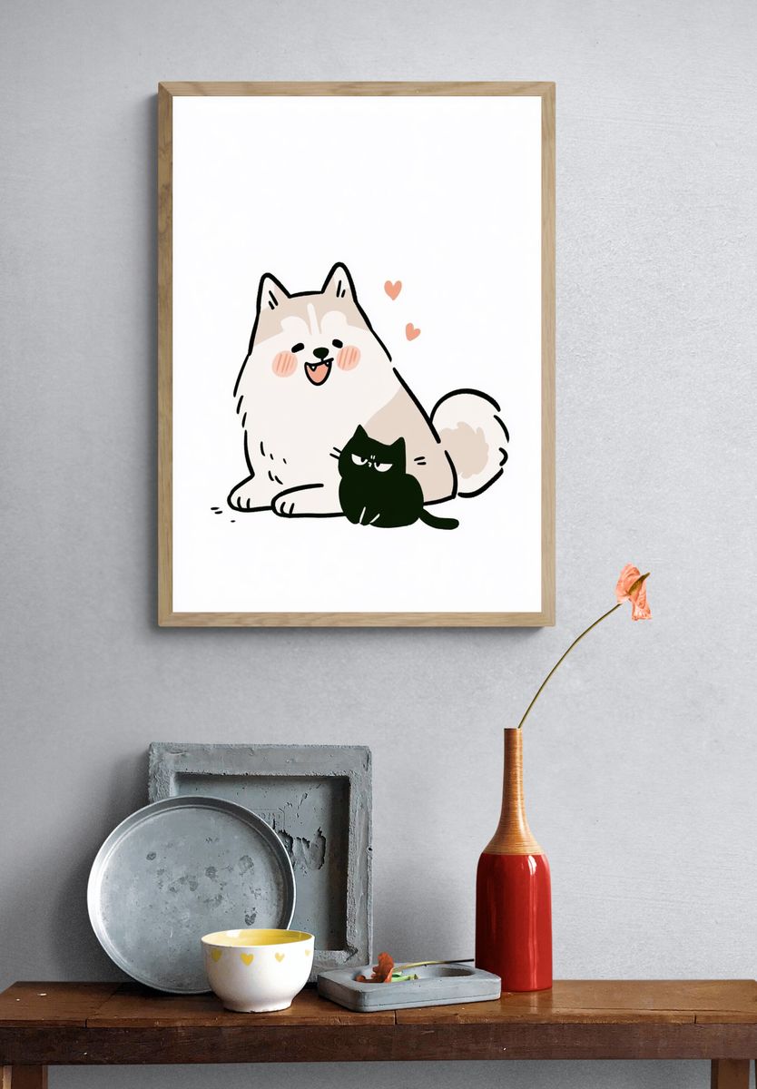 Cute Cat and Dog Illustration Poster. — room view 3