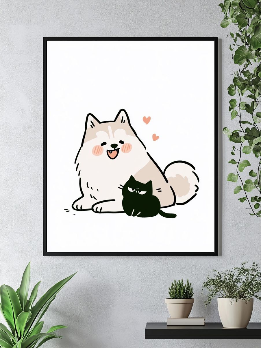 Cute Cat and Dog Illustration Poster. — room view 4
