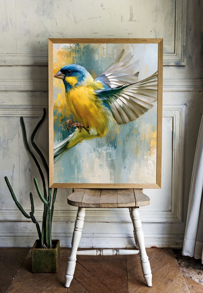 Blue and Yellow Bird Illustration Poster. — room view 1