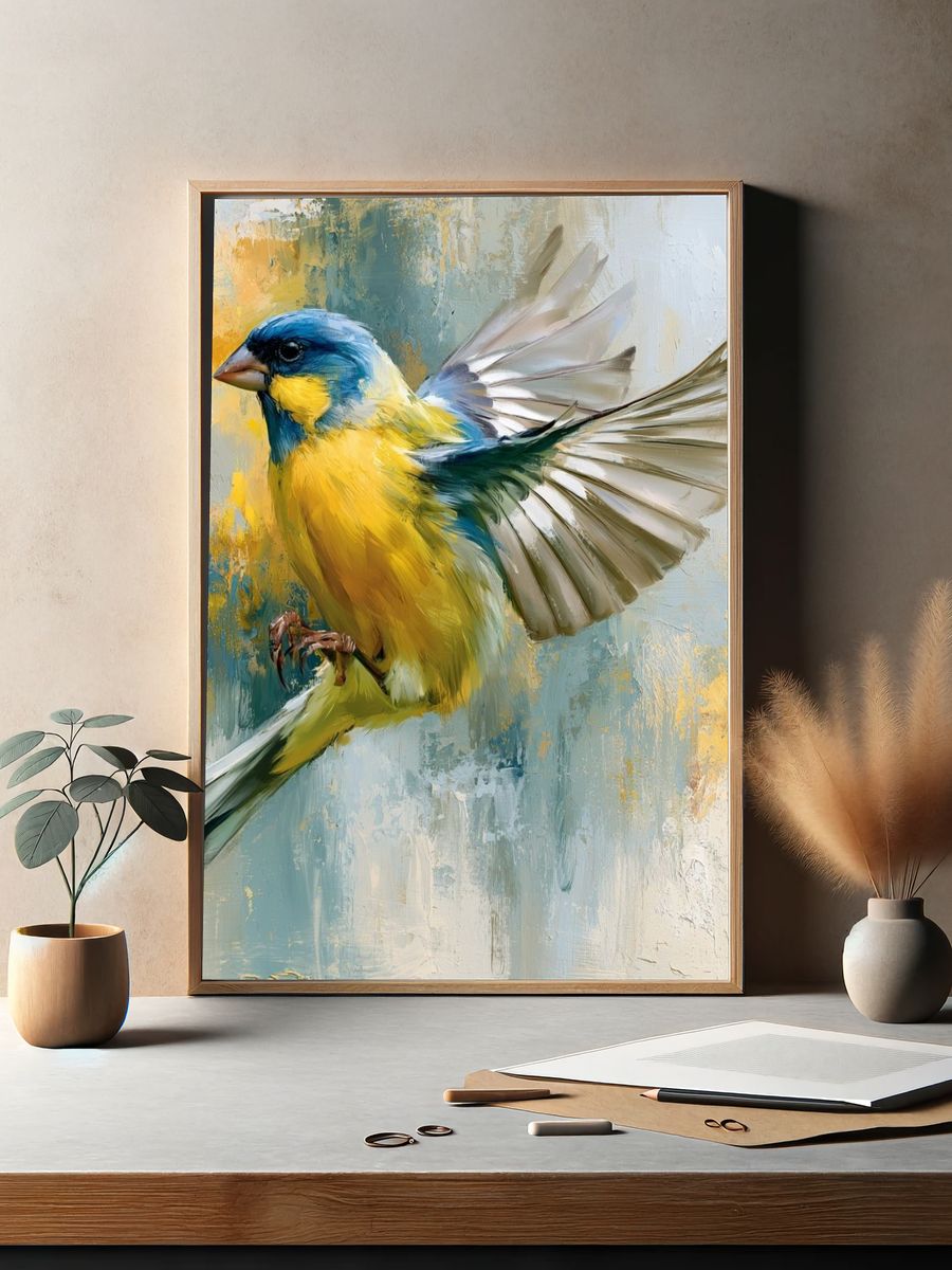 Blue and Yellow Bird Illustration Poster. — room view 2