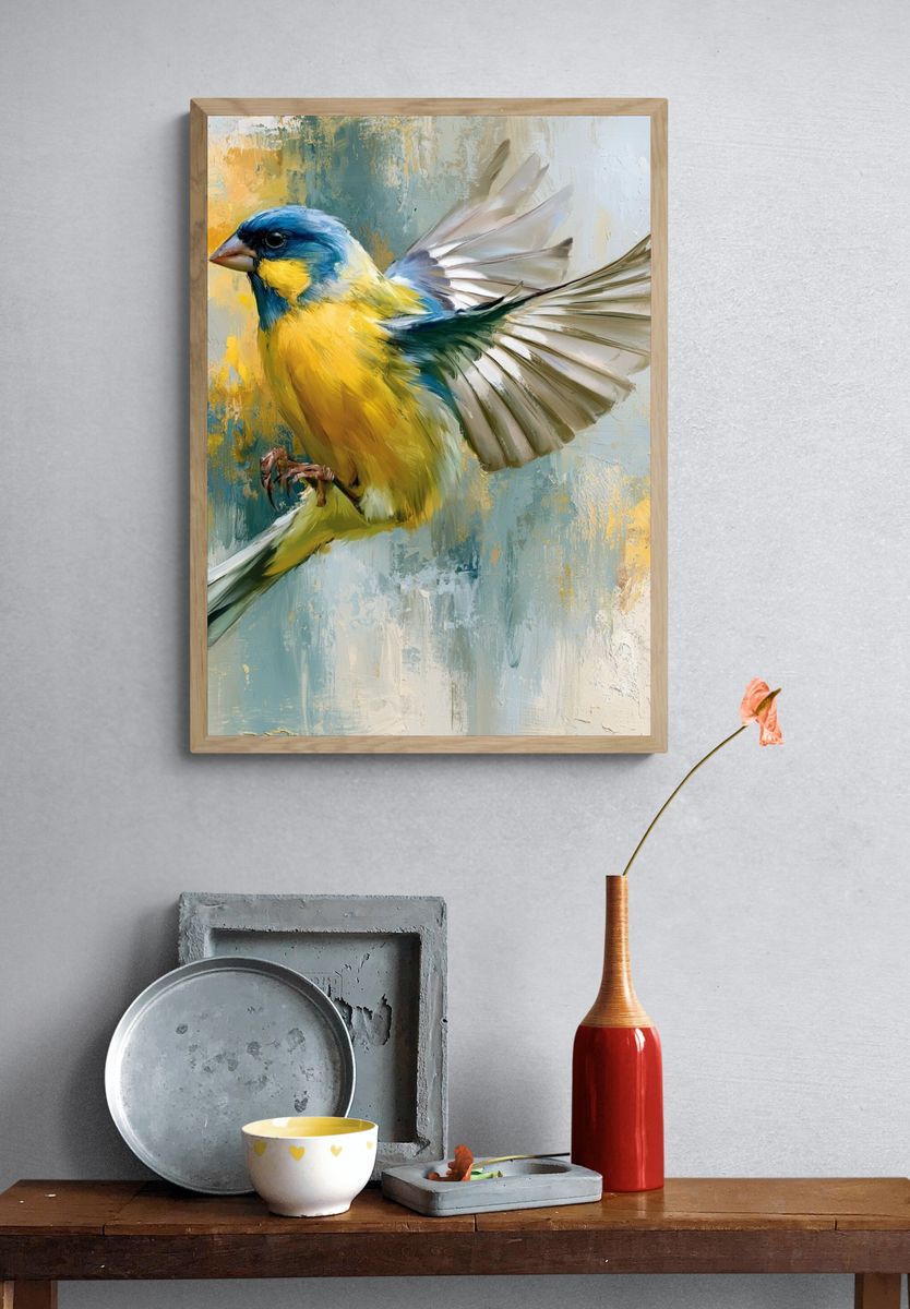 Blue and Yellow Bird Illustration Poster. — room view 3