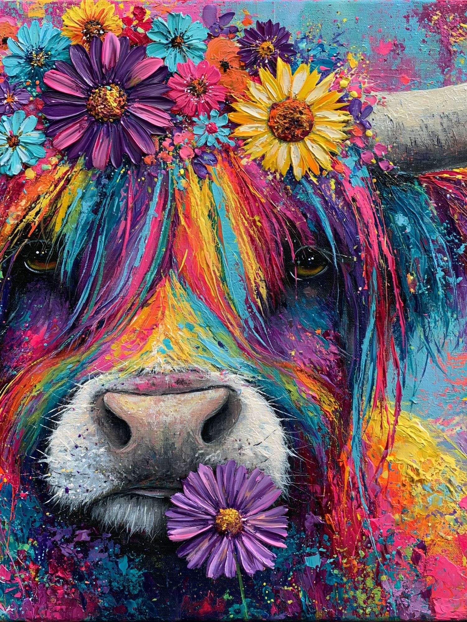 Rainbow Cow Floral Portrait Poster. poster detail