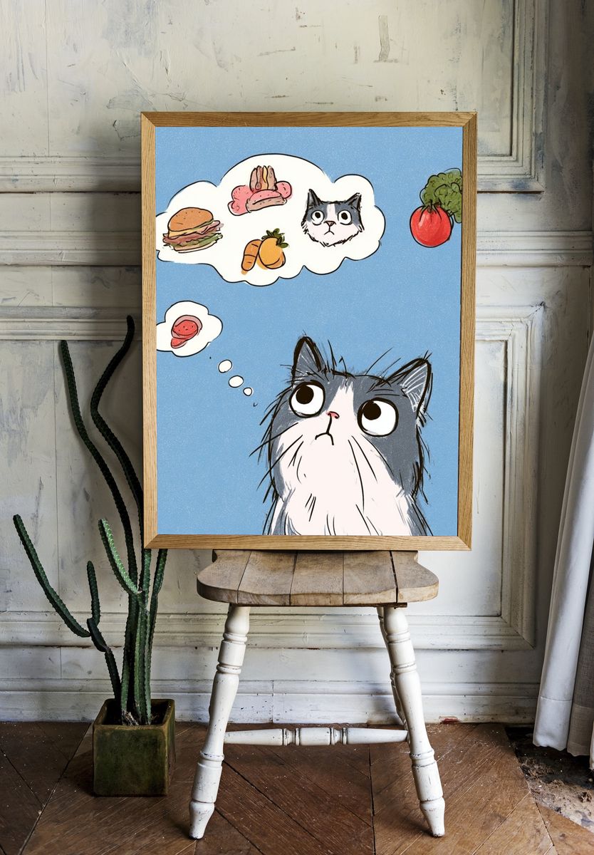 Hungry Cat Cartoon Poster. room preview