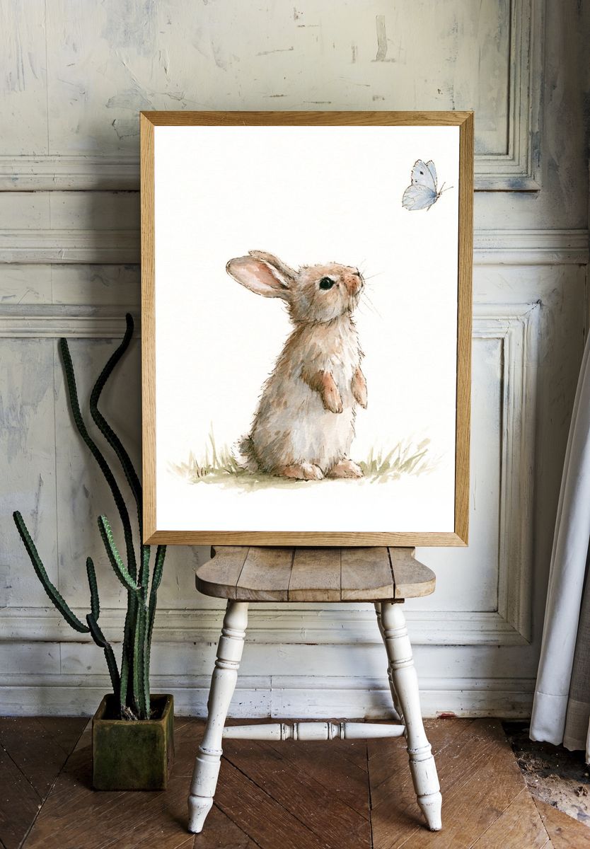 Rabbit and Butterfly Watercolor Print. — room view 1