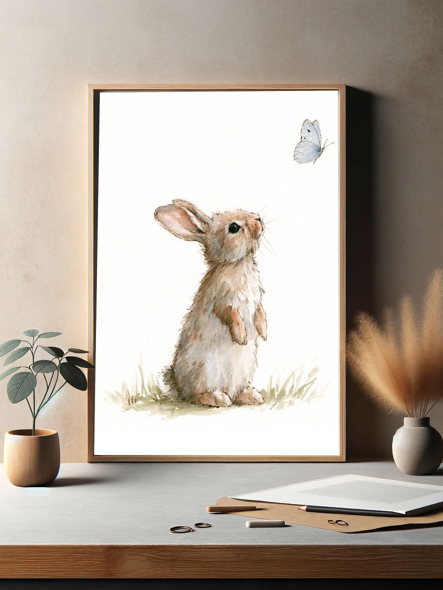 Rabbit and Butterfly Watercolor Print. — room view 2