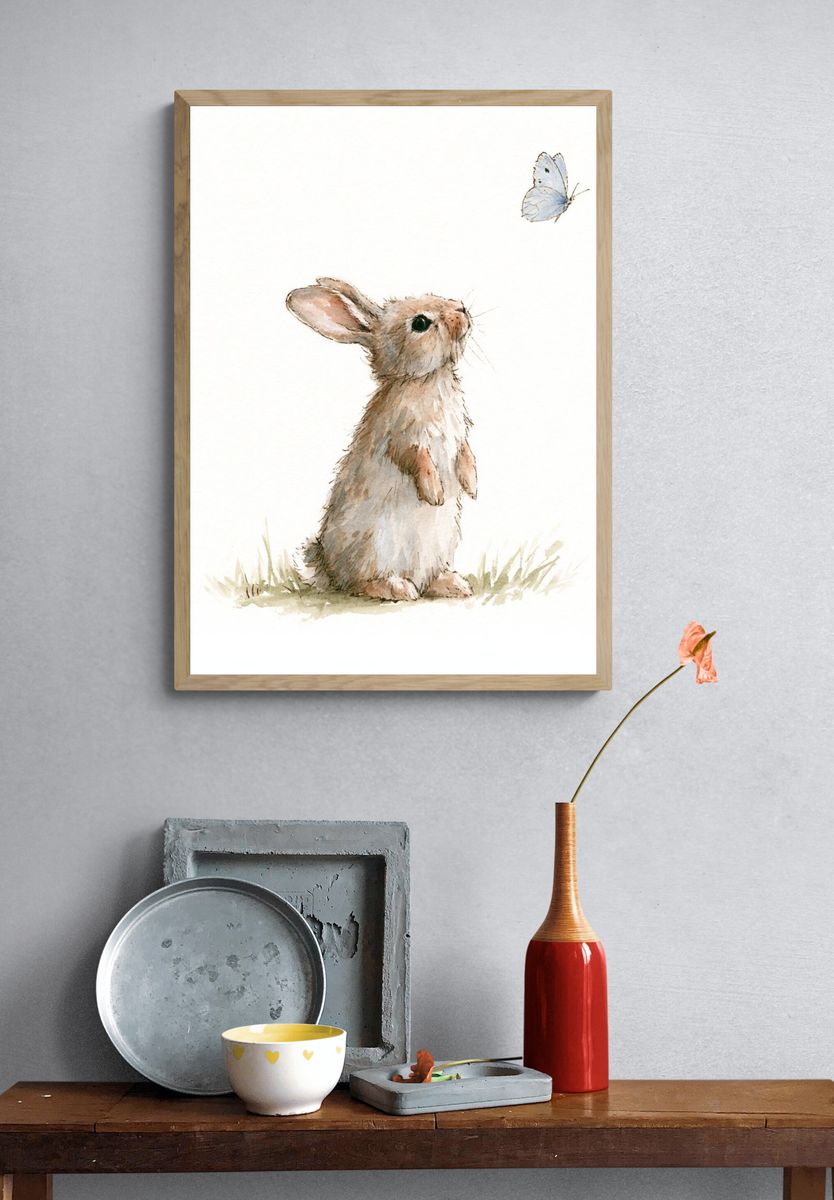 Rabbit and Butterfly Watercolor Print. — room view 3