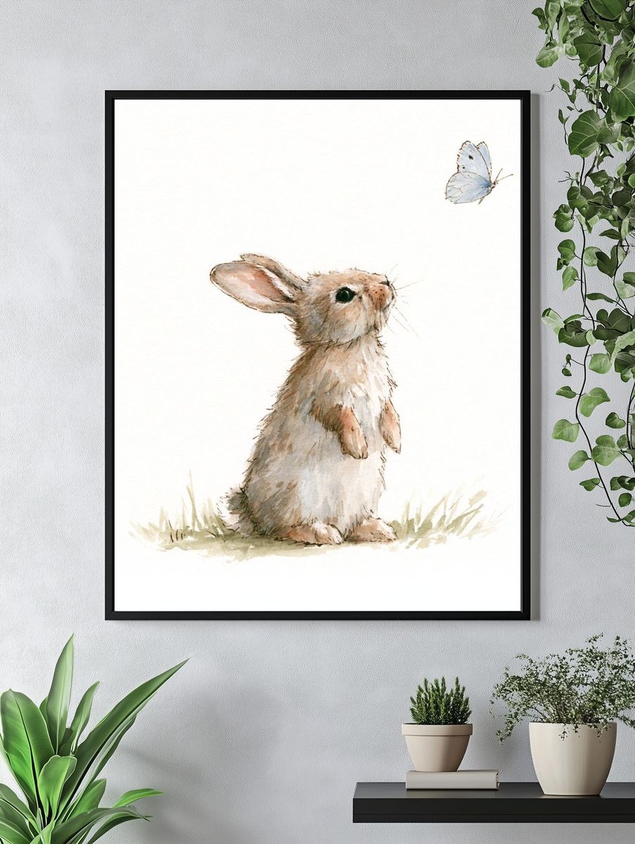 Rabbit and Butterfly Watercolor Print. — room view 4