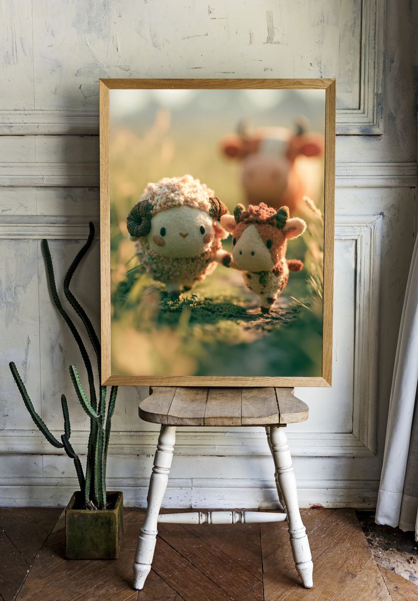 Cute Sheep and Calf Illustration Poster. — room view 1