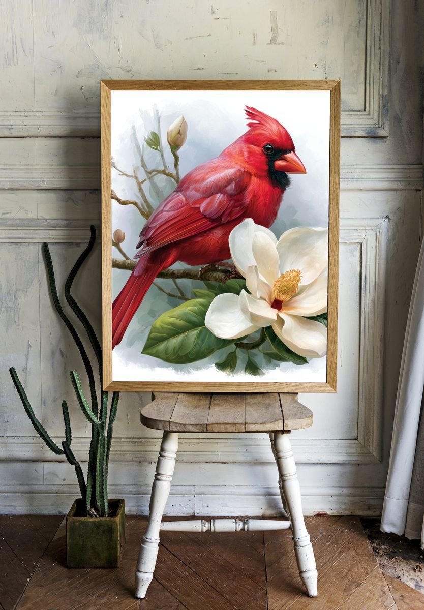 Red Cardinal and Magnolia Poster. — room view 1