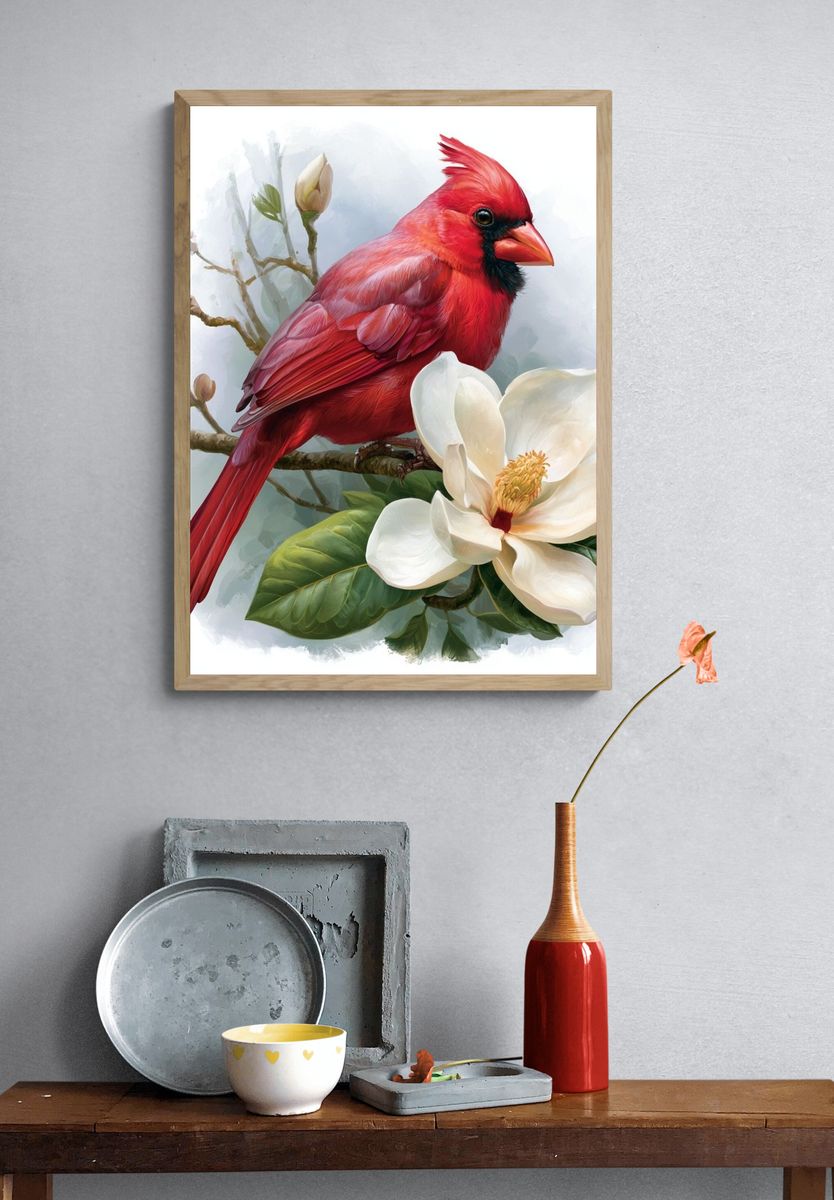 Red Cardinal and Magnolia Poster. — room view 3