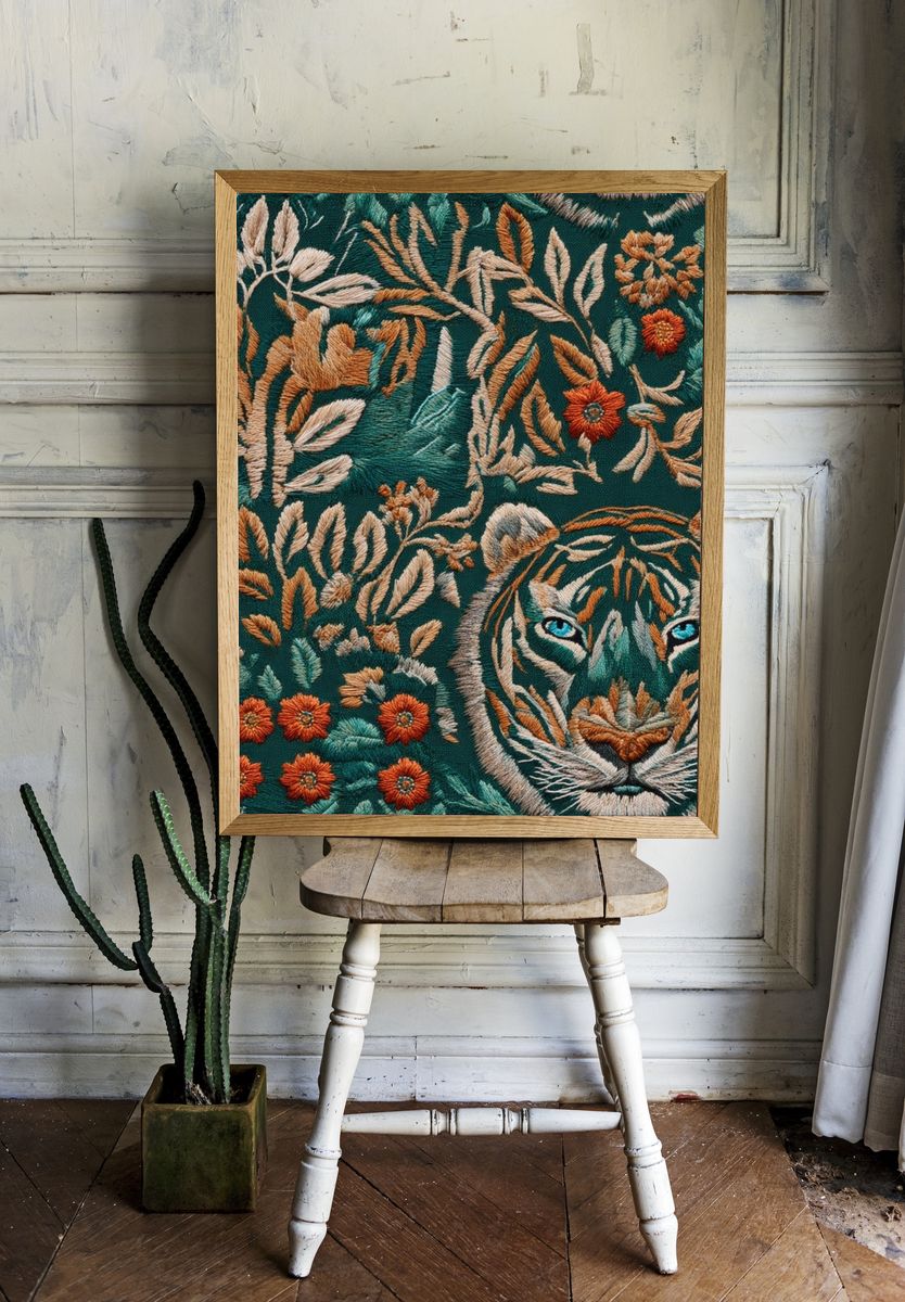 Tiger Floral Embroidery Print. — room view 1
