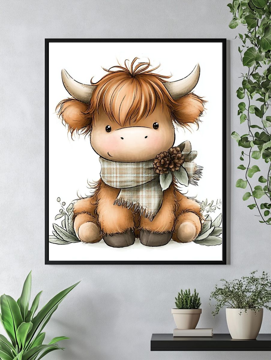 Cozy Highland Cow Illustration Poster. — room view 4