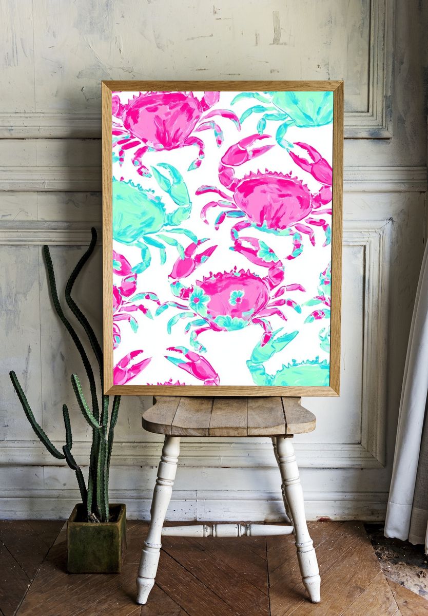 Pink and Aqua Crab Pattern Poster. — room view 1