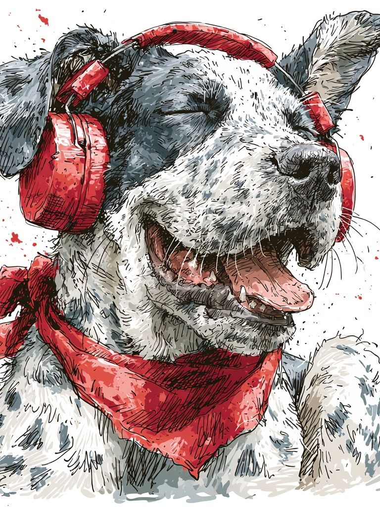 Happy Dog with Headphones Illustration Poster. poster — animals art