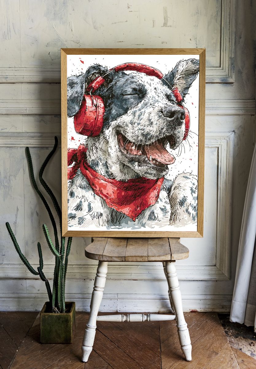 Happy Dog with Headphones Illustration Poster. — room view 1