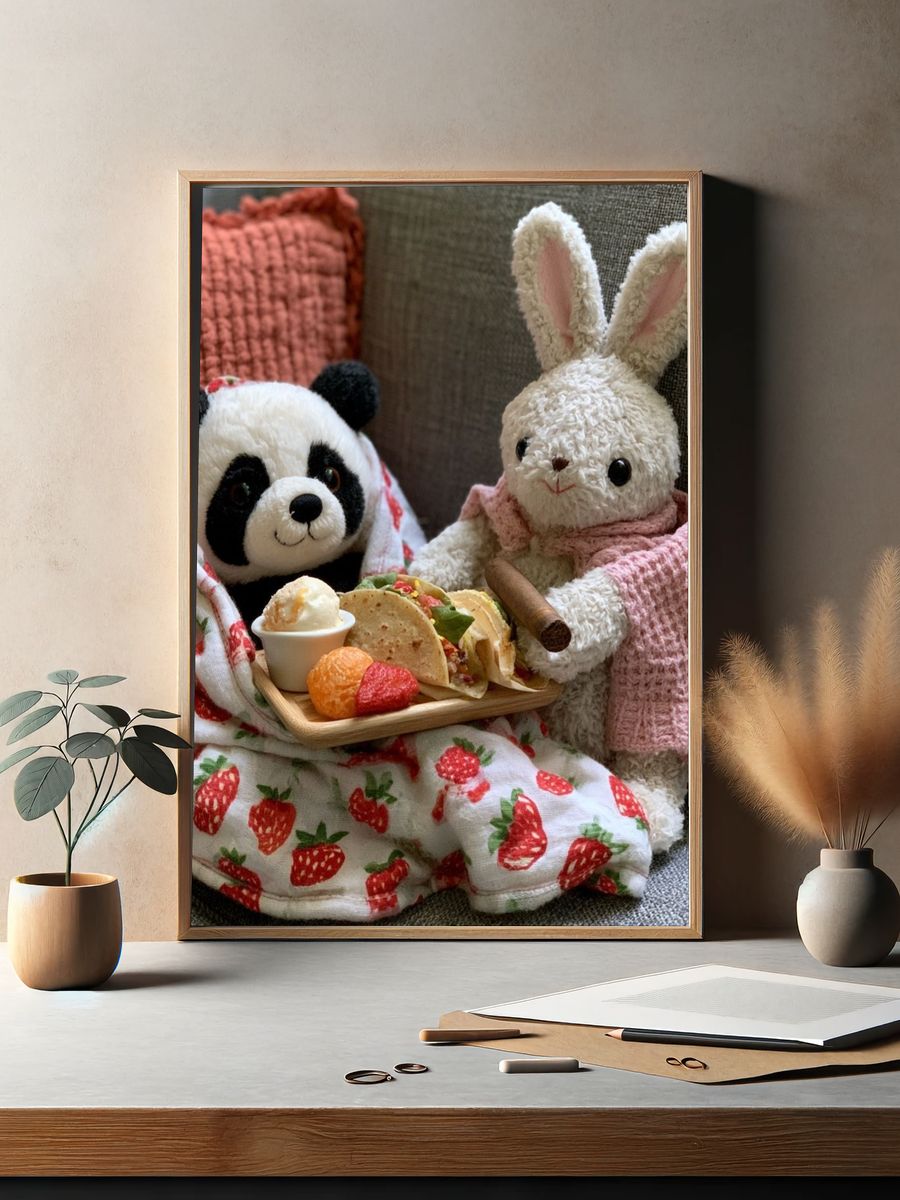Panda and Bunny Picnic Photography Poster. — room view 2