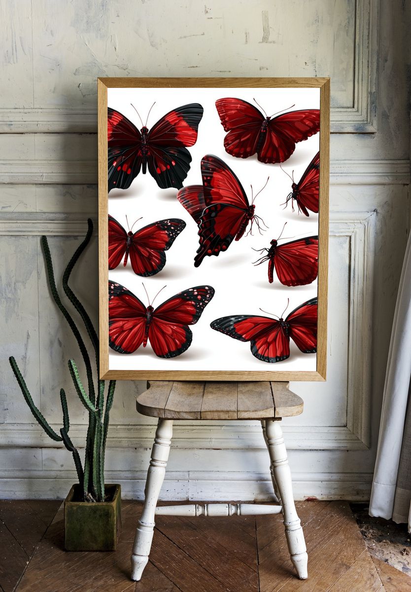 Red Butterfly Collection Illustration Poster. — room view 1