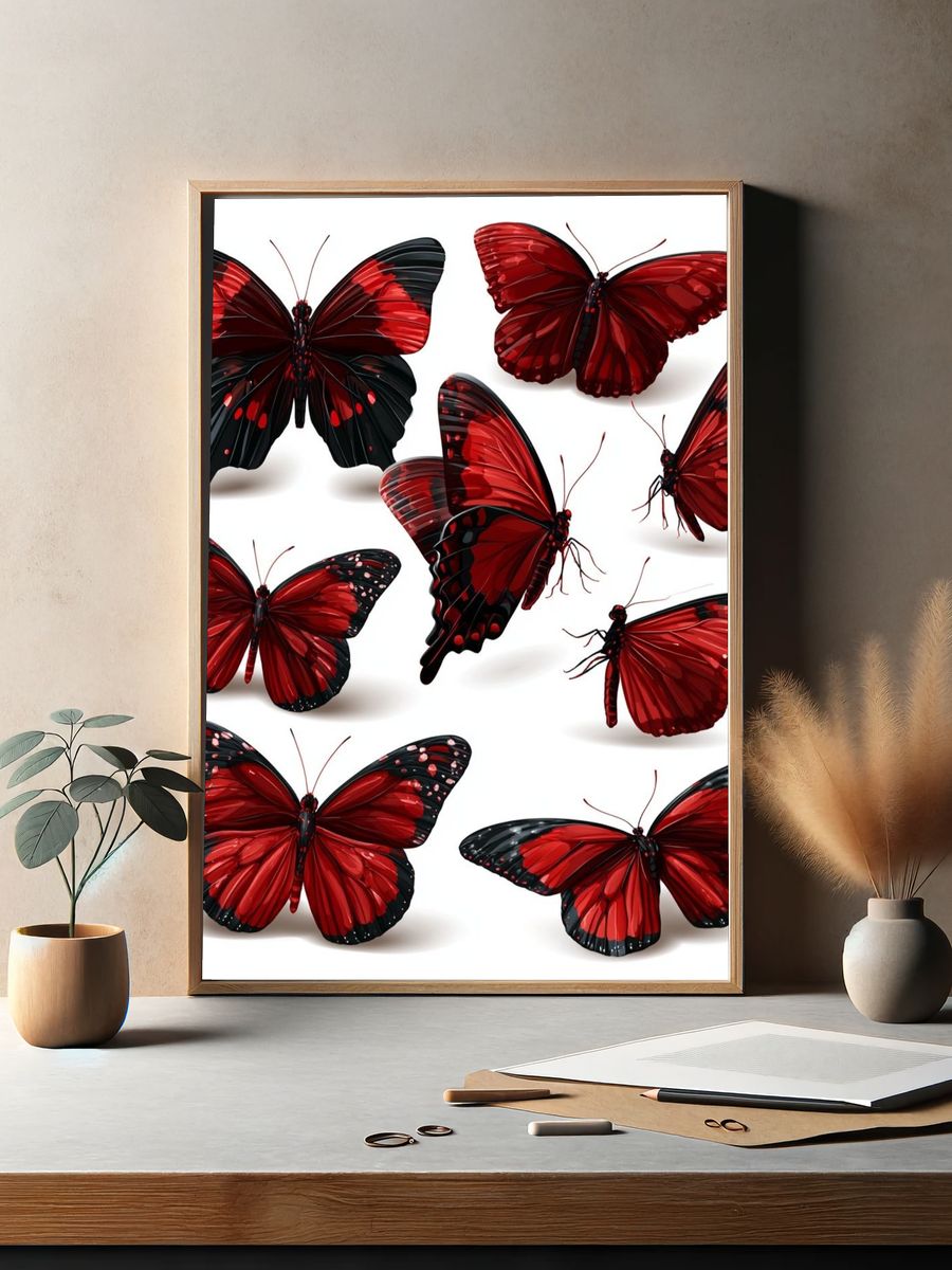 Red Butterfly Collection Illustration Poster. — room view 2