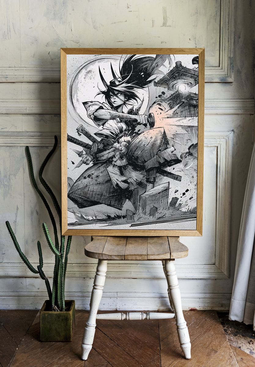 Samurai Warrior Ink Poster. — room view 1