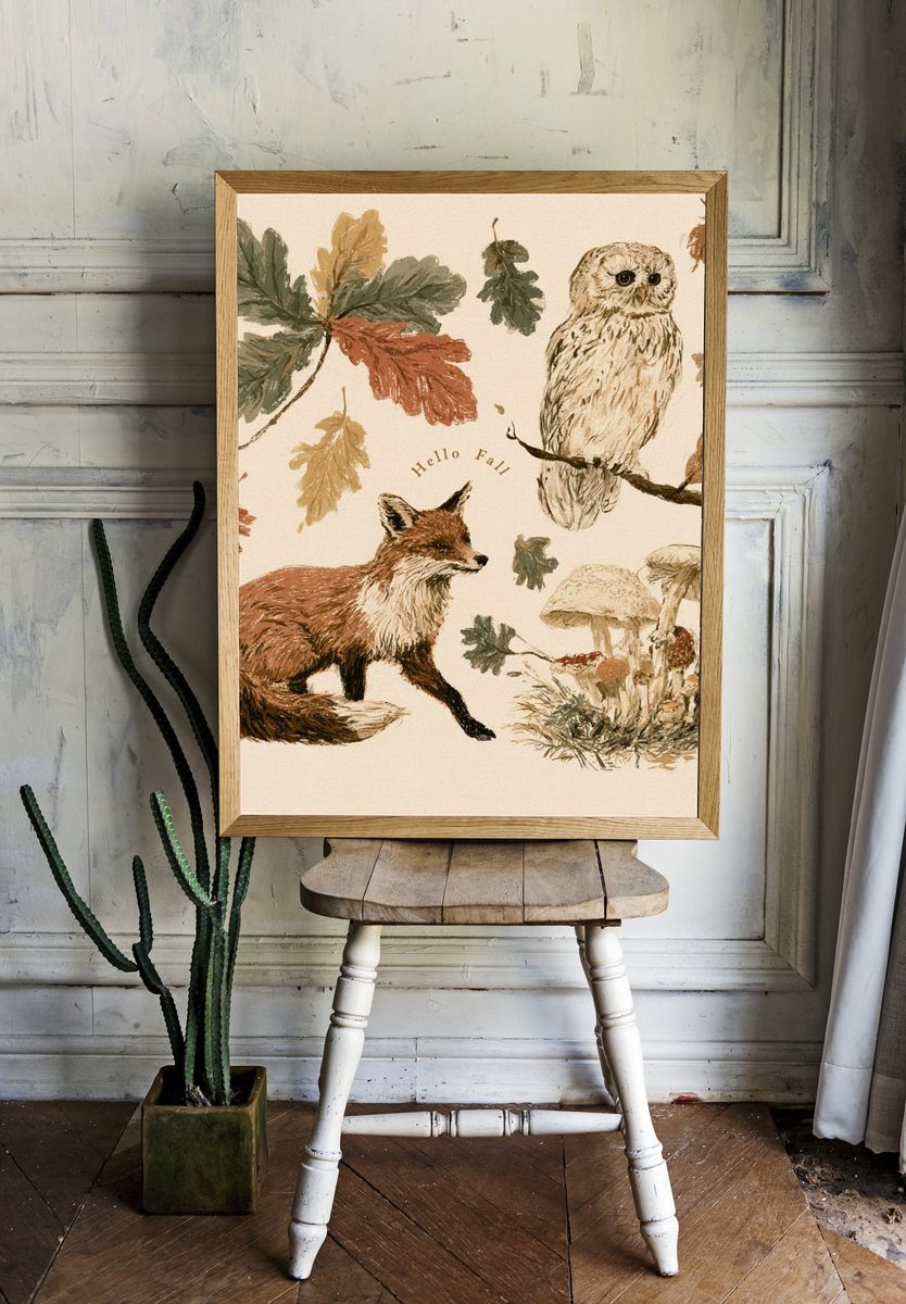 Autumn Woodland Animals Illustration Poster. — room view 1