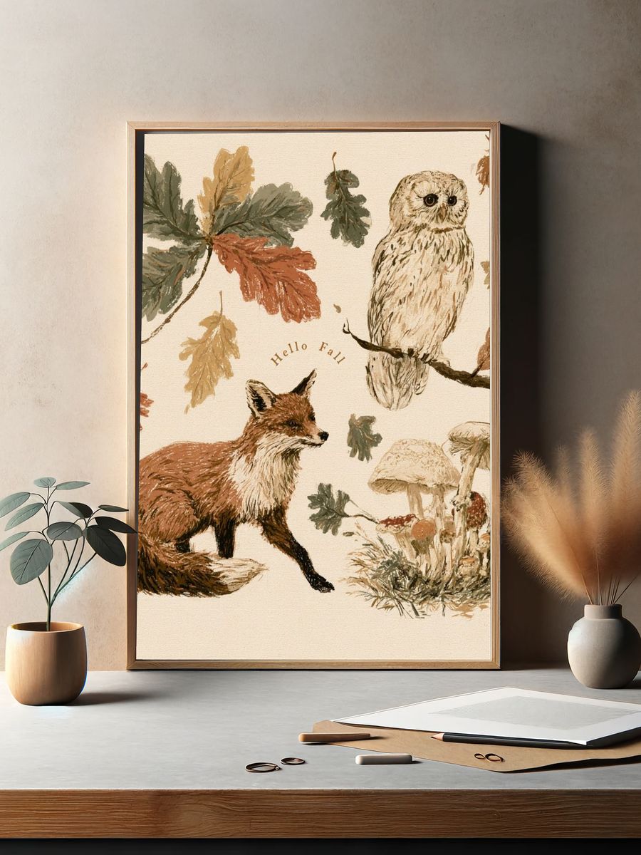 Autumn Woodland Animals Illustration Poster. — room view 2