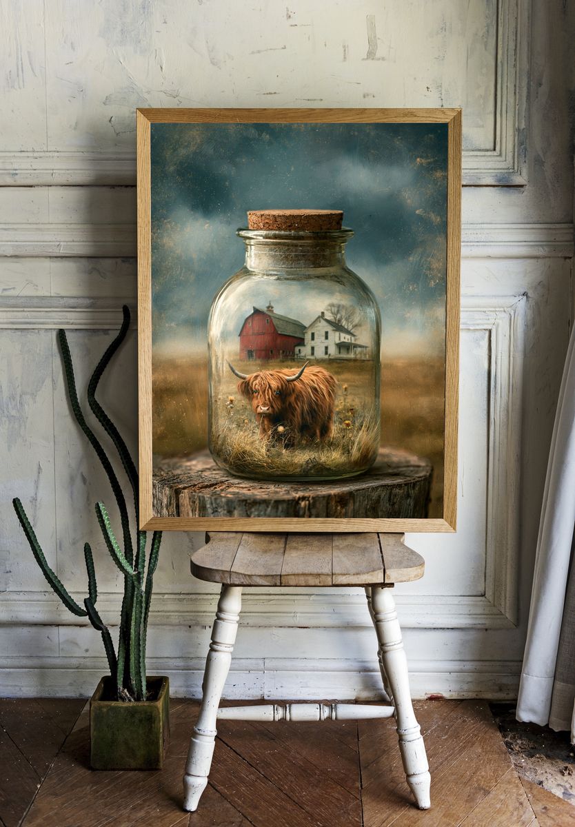 Highland Cow in Jar Illustration Poster. — room view 1