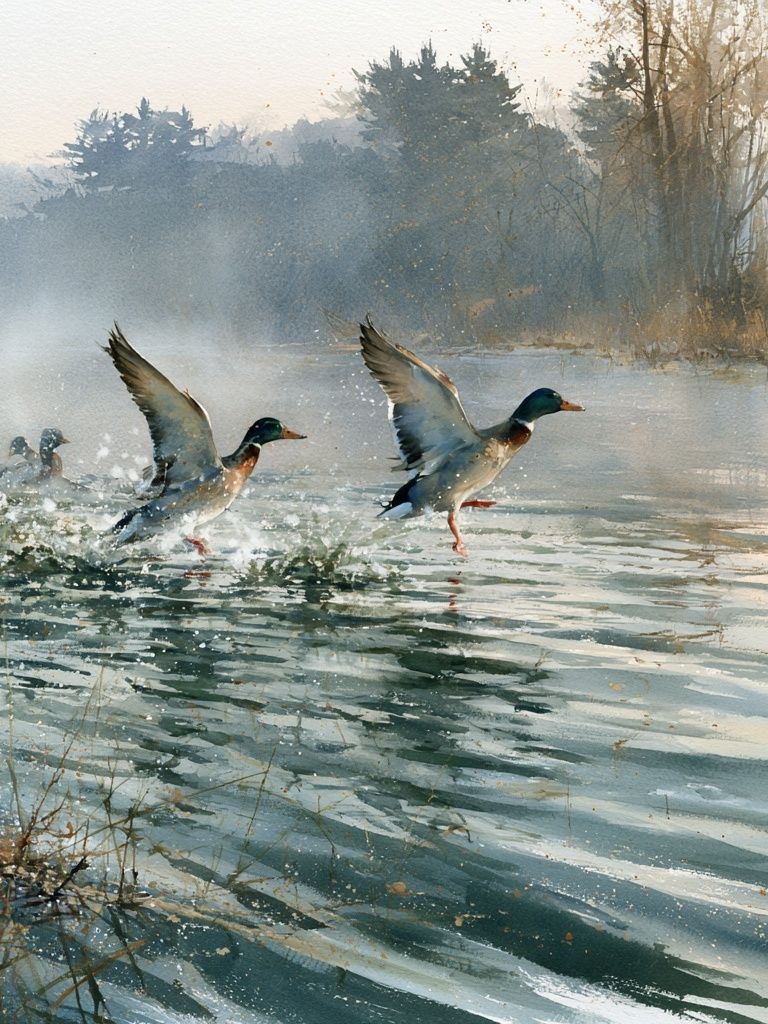 Mallard Ducks on Misty Lake Print. poster detail