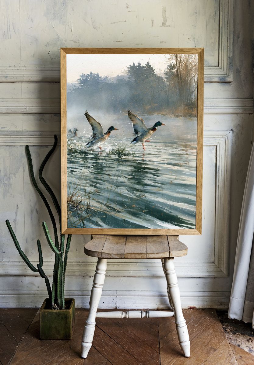 Mallard Ducks on Misty Lake Print. room preview