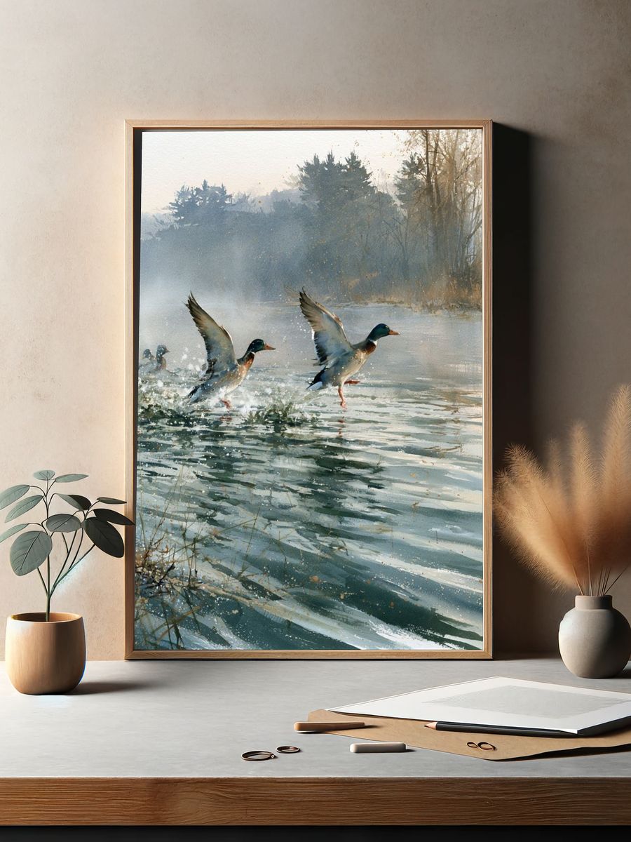 Mallard Ducks on Misty Lake Print. — room view 2