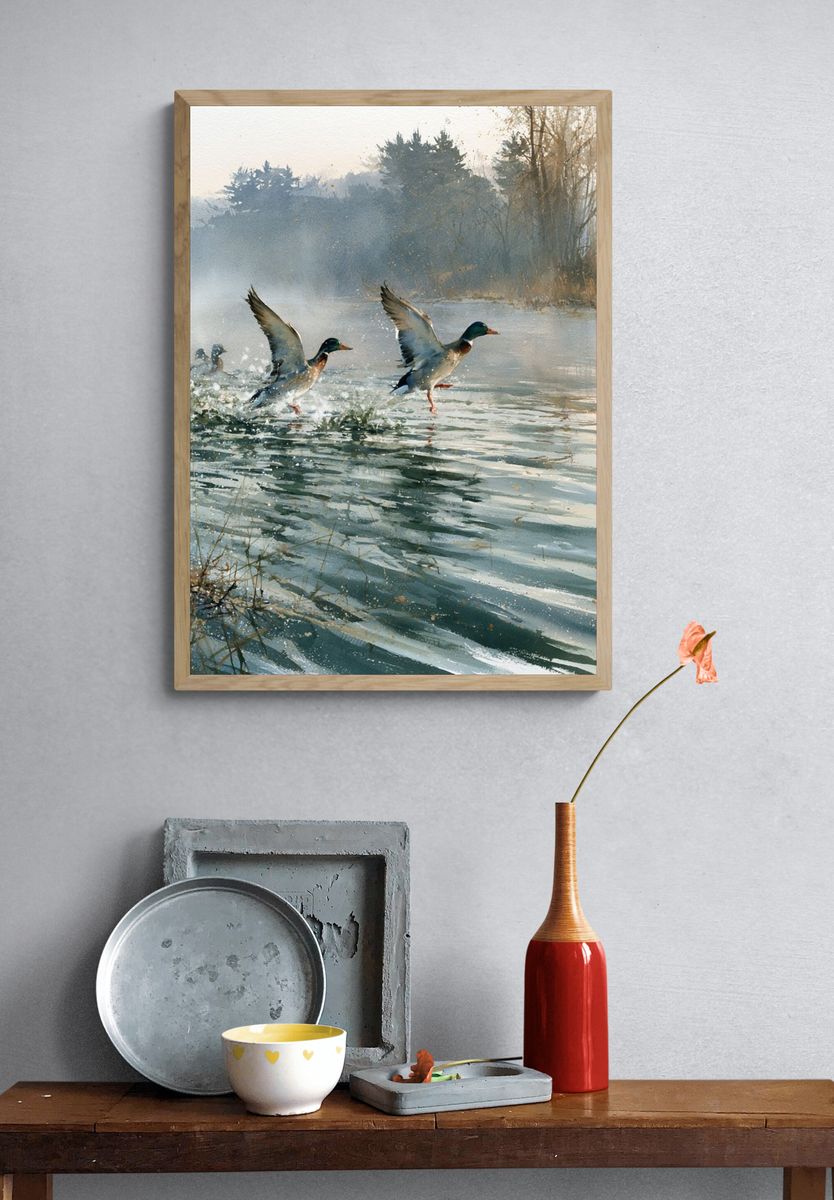 Mallard Ducks on Misty Lake Print. — room view 3