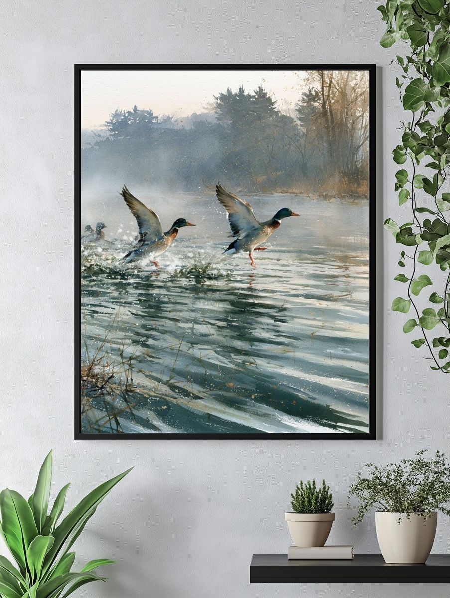 Mallard Ducks on Misty Lake Print. — room view 4