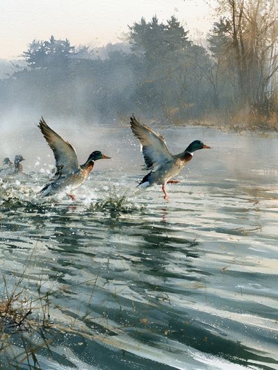 Mallard Ducks on Misty Lake Print. poster