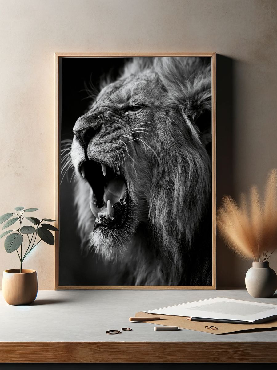 Roaring Lion Black-White Poster. — room view 2
