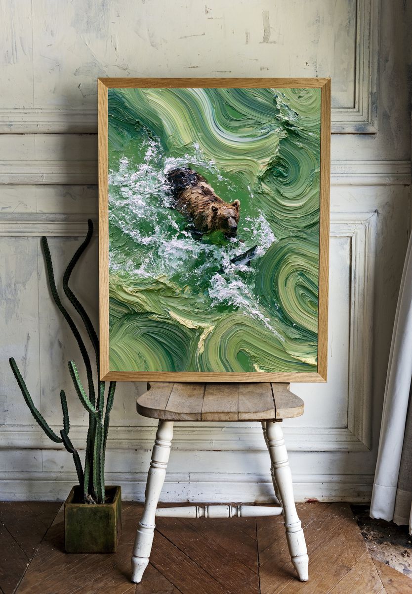 Bear Fishing in Green Waters Poster. — room view 1