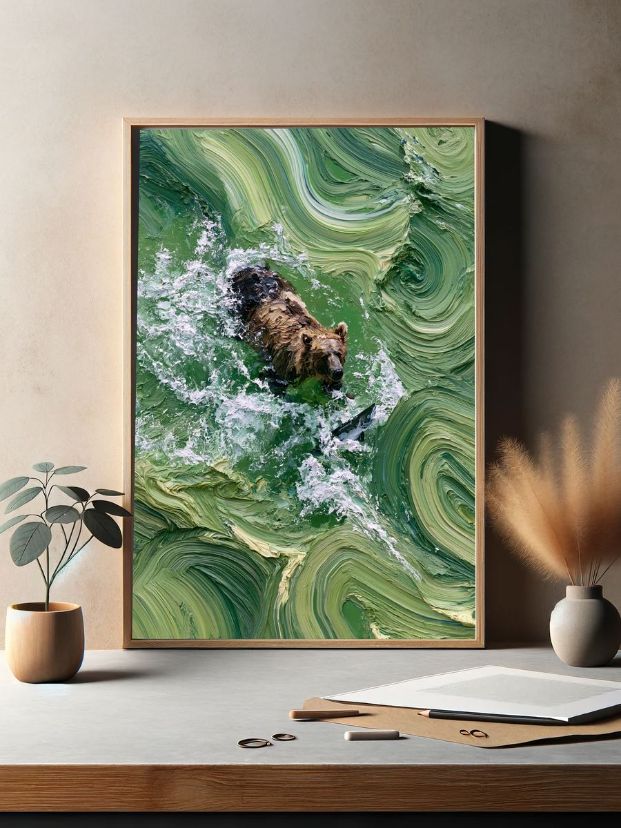 Bear Fishing in Green Waters Poster. — room view 2